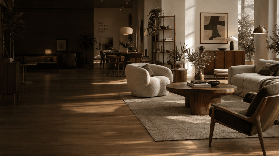 Furniture showroom with upholstered seating, wood tables, and natural light